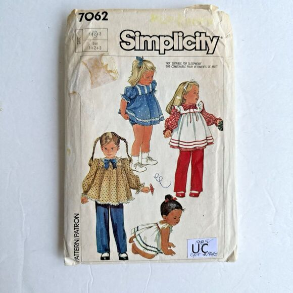 +Vtg 80s Simplicity 7062 Toddler Top Pinafore Dress Pants Panties Sewing Pattern - Picture 1 of 5
